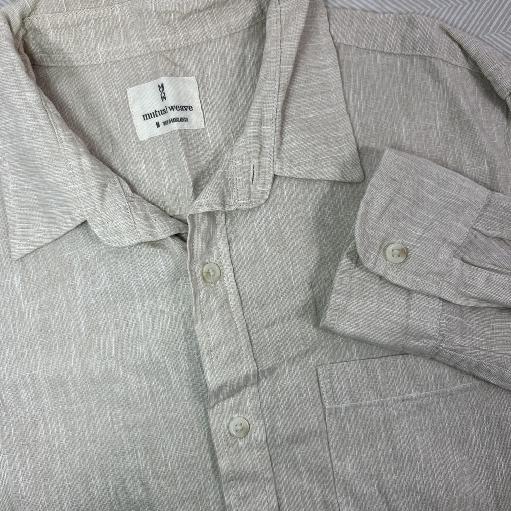 Mutual Weave Button Up Mens Medium Soft Linen Blend Shirt‎ Beige Heather L/S